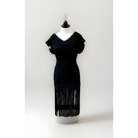 Midnight Glo Black Embellished Cocktail Dress Sz 4 Fringe Drop Waist 1970s 70s - Picture 1 of 9